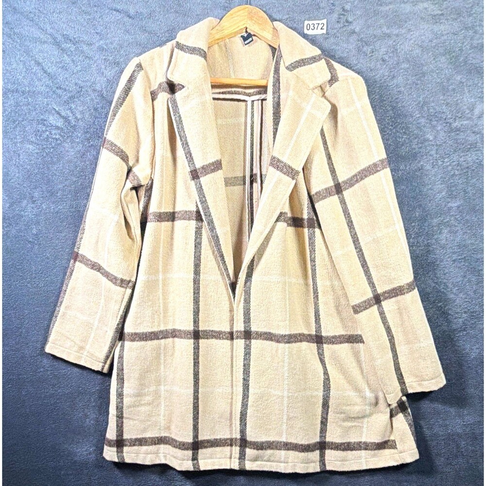 Windsor Women’s L Beige/Gray Plaid Open Front Mid-Length Overcoat Pockets